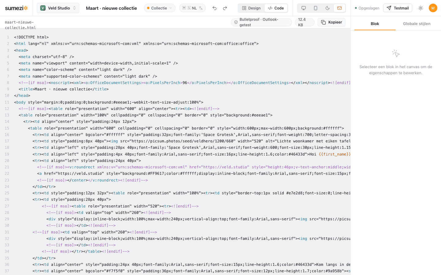 Code mode with compiled bulletproof email HTML and MSO conditionals.